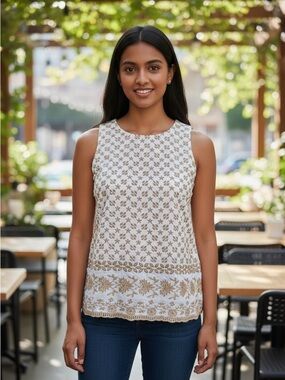 LOFT Embroidered White & Tan Sleeveless Cotton Top